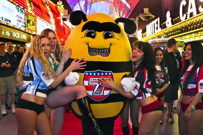 Mr. Rug-Bee, the Official USA Sevens mascot, poses for fans with the league cheerleaders preceding the opening ceremonies and parade for the players held at the Fremont Street Experience on Thursday, Jan. 23, 2014.